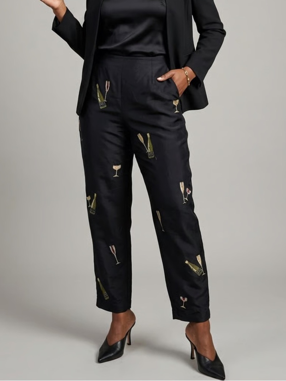 ALLISON TAYLOR Black Silk Embroidered Champagne Motif Black Dress Pants Sz 14